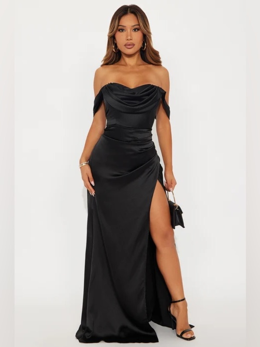 Off-Shoulder Black Satin Evening Gown